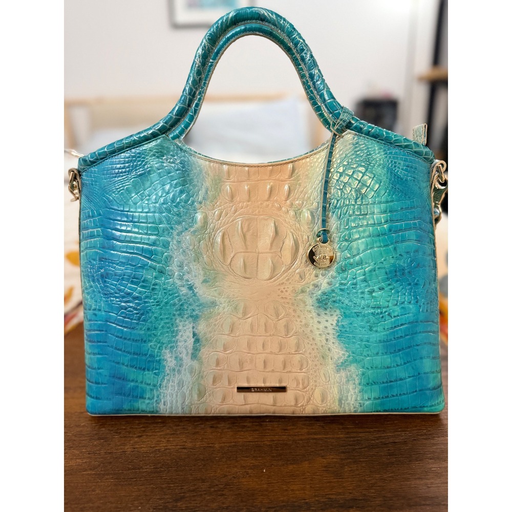 Brahmin Elaine Melbourne Leather Croc Satchel Ocean Ombre Turquoise White